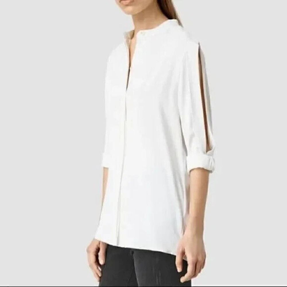ALLSAINTS White Cold shoulder cutout Alvey chiffon button up blouse US 0